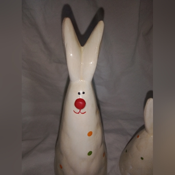 Vintage Easter Clay Bunny Rabbits Polka Dot Primitive Set of 2 Holiday Decor Art - Picture 3 of 11
